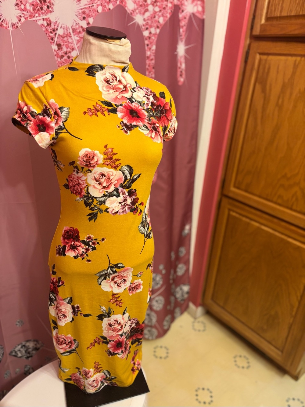 Mock-Neck Floral Midi Dress in Mustard